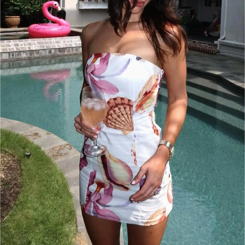 Ona Elegant Slim Floral Shells Tube Top Dress