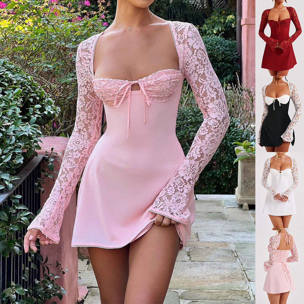 Ari Lace Long Sleeve Dress  Sexy Corset Backless Lace Up Short Dresses