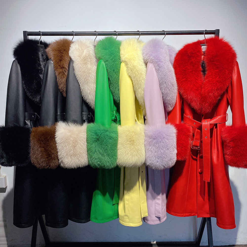 Sherlyn Slim-fit Leather Sheepskin Fox Fur Coat