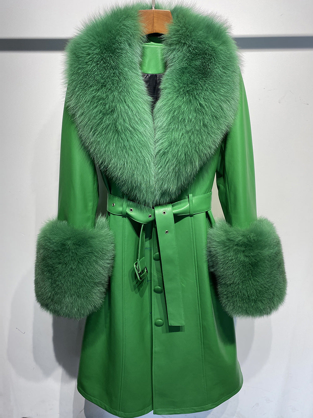 Sherlyn Slim-fit Leather Sheepskin Fox Fur Coat