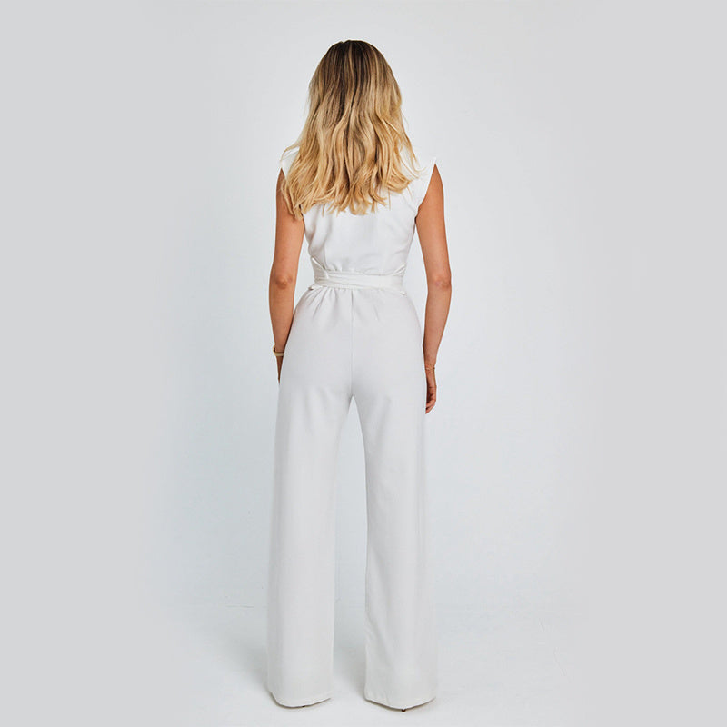 Ronie Sleeveless V-neck Casual Wide Leg Long Jumpsuit